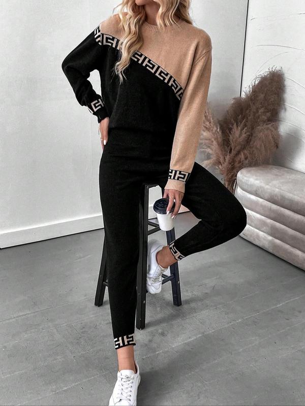 Women's Colorblock Patchwork Print Long Sleeve Sweater & Solid Elastic Waist Pants Set, Casual Round Neck Asymmetrical Sleeve Jumper & Trousers, Fall & Winter Clothes for Women