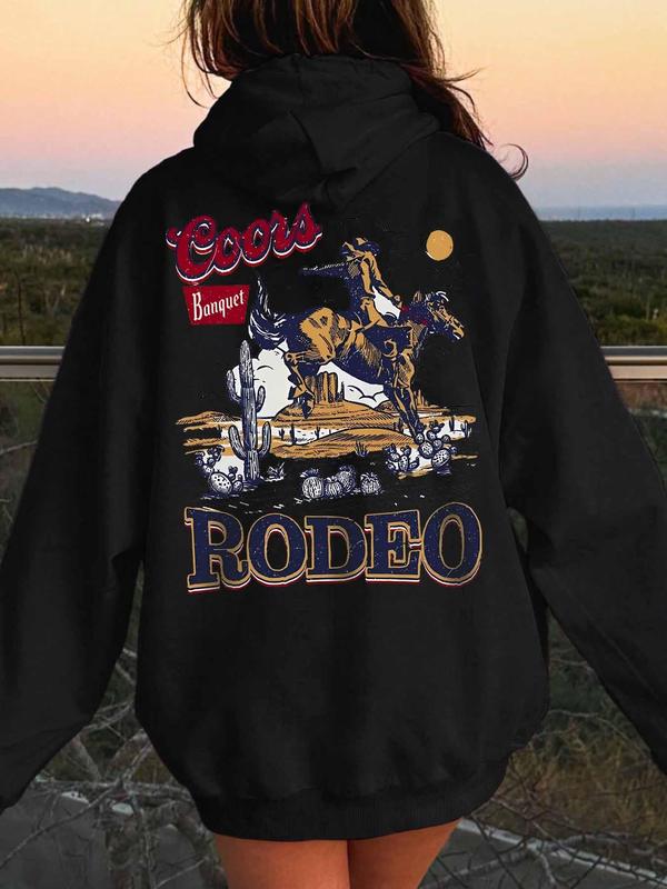 Women's Letter & Cowboy Print Drop Shoulder Hoodie, Western Style Drawstring Pocket Hooded Sweatshirt for Daily Holiday Outdoor Wear, Ladies Clothes for Fall & Winter Graphic Hoodie