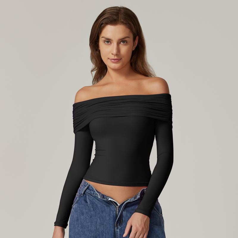 QINSEN Womens Off The Shoulder Tops Double Lined Long Sleeve T Shirts Slim Fitted Stretchy Crop Top Comfort Fabric