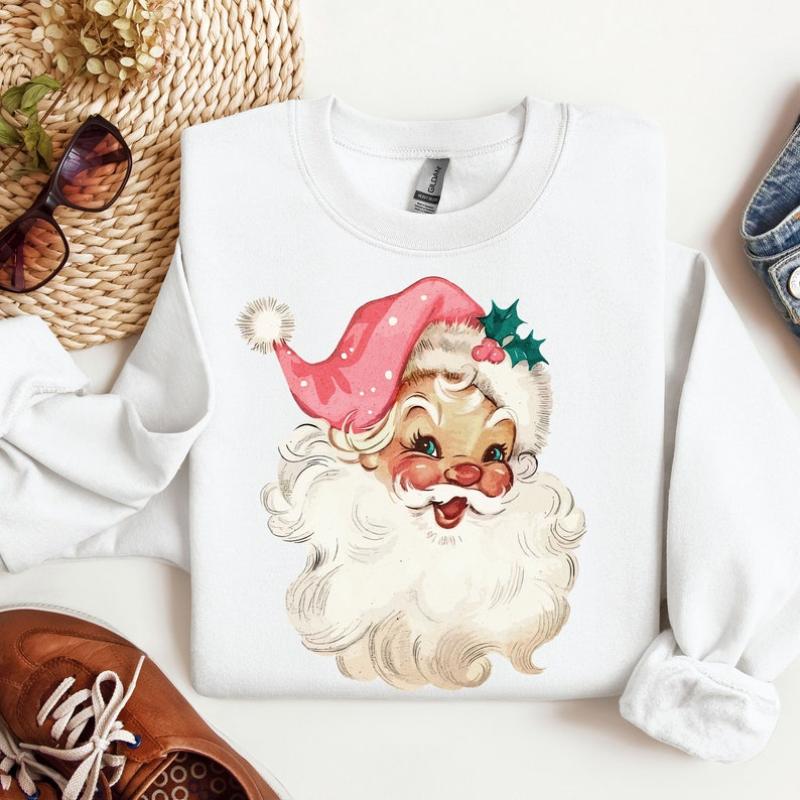 Pink Santa Retro Christmas T-Shirts Sweatshirts for Women Pink Christmas Matching Family Sweaters Pink Vintage Holiday Crewneck Group Party