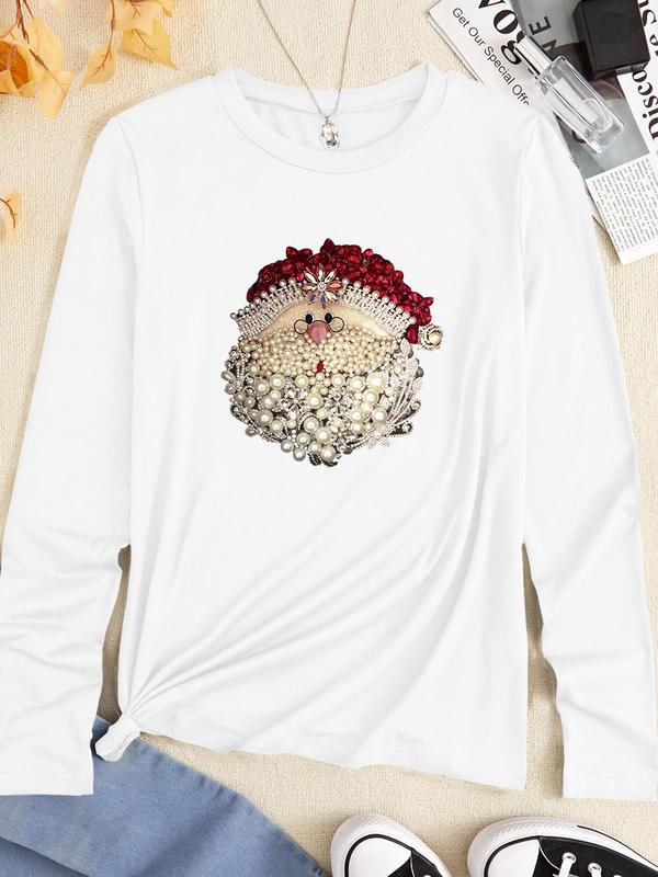 Women's Christmas Cartoon Santa Claus Print Round Neck Sweatshirt, Fashion Casual Long Sleeve Pullover for Daily Wear, Ladies Fall & Winter Clothes