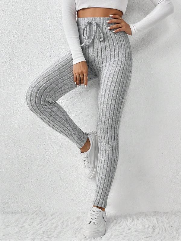 Women's Solid Color Ribbed Drawstring Waist Leggings, Casual Comfy Skinny Pants for Daily Wear, Ladies Bottoms for All Seasons