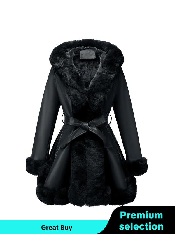 Women's Solid Color Belted Faux Fur Trim Hooded Coat, Casual Long Sleeve Pocket Coat for Fall & Winter, Women's Clothing for Daily Wear