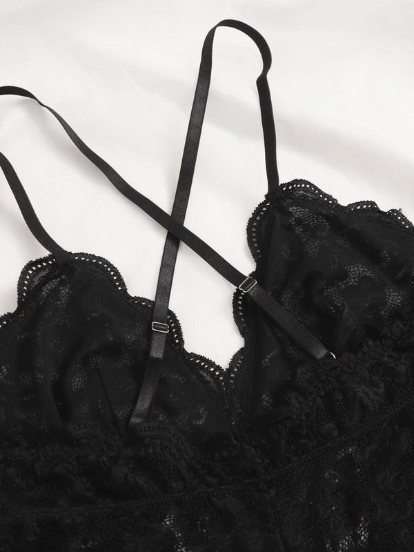  Criss Cross Scallop Trim Open Crotch Design Sexy Lingerie Bodysuit, Romantic Plain Bow Decor V Neck Sleeveless Lingerie Bodysuit for Women, Women's Sexy Lingerie for All Seasons