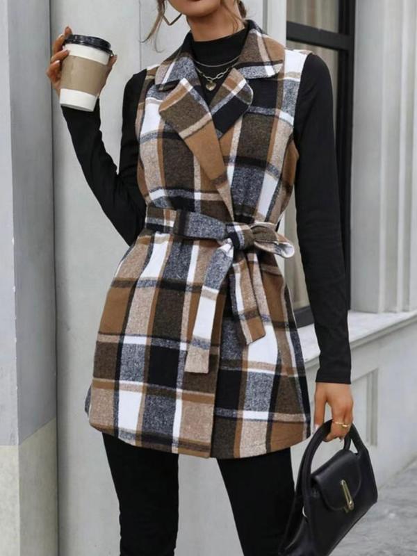 Women's Plaid Print Belted Knot Front Vest Coat, Elegant Lapel Neck Sleeveless Long Outerwear for Fall & Winter, Women's Clothing for Daily Wear