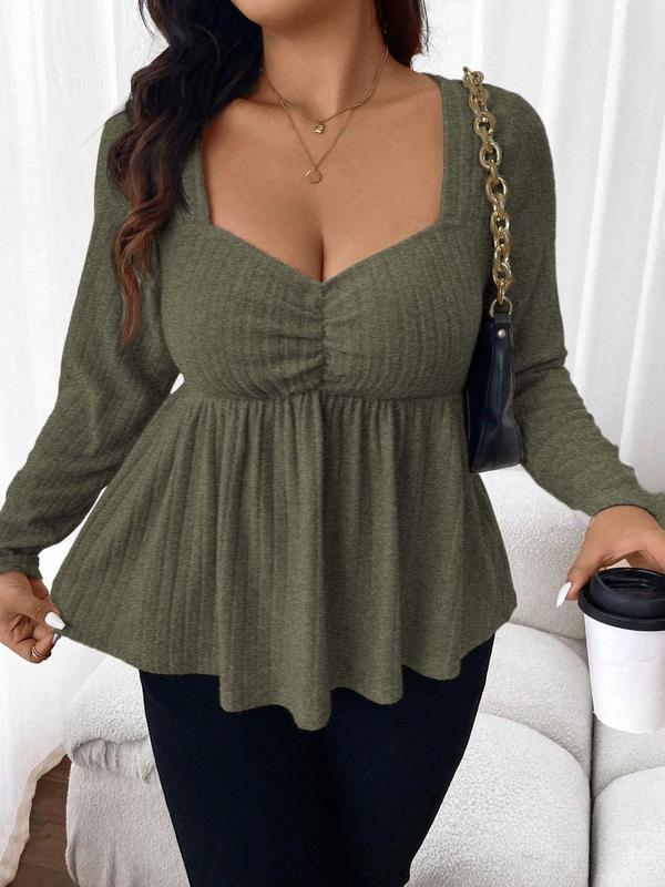  Solid Ruched Plicated Sweetheart Neck Tee, Casual Long Sleeve T-shirt for Fall & Winter, Women's Clothing for Daily Wear