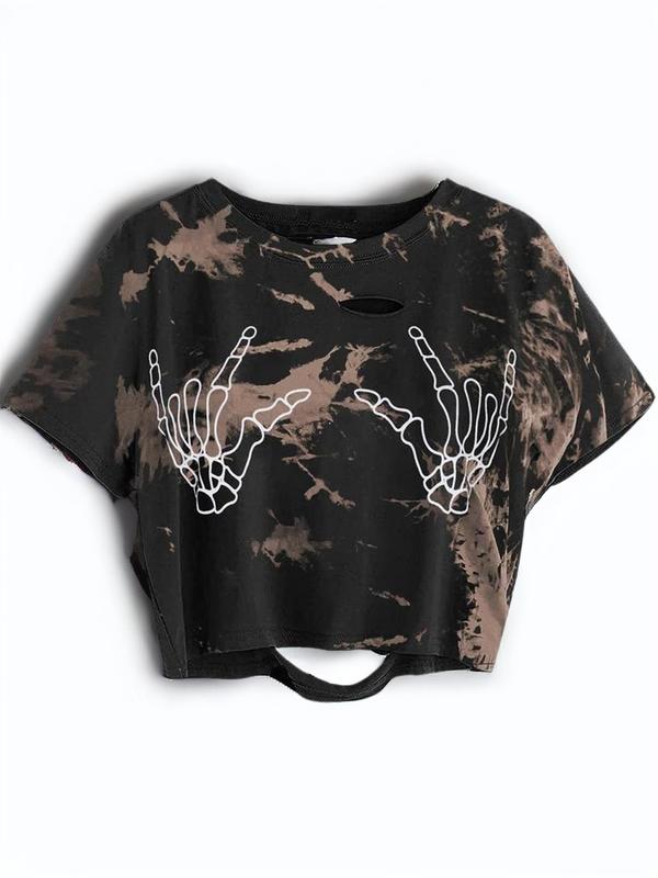 Women's Tie Dye & Graphic Print Ripped Cut Out Crop Tee, Y2k Fashion Round Neck Short Sleeve T-shirt, Summer Clothes for Daily Wear,  90s Clothes