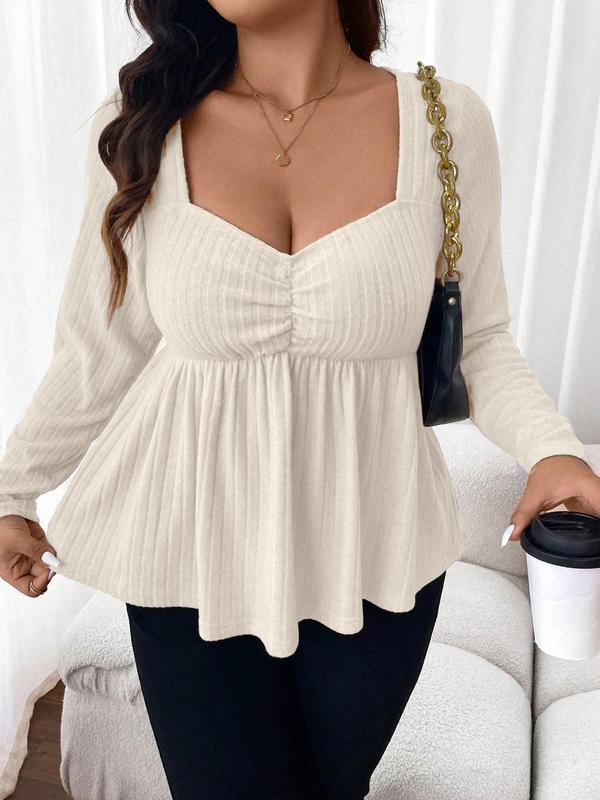  Solid Ruched Plicated Sweetheart Neck Tee, Casual Long Sleeve T-shirt for Fall & Winter, Women's Clothing for Daily Wear