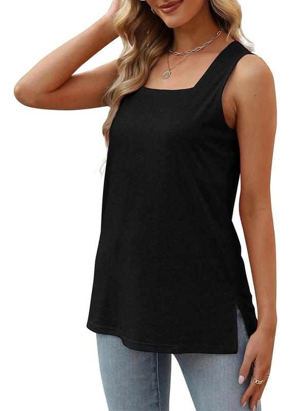 Women's Plain Split Hem Tank Top, Casual Square Neck Sleeveless Top for Daily Wear, Ladies Clothes for All Seasons