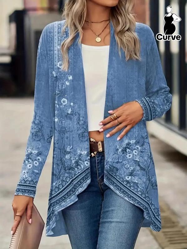 Plus Size Floral Print Long Sleeve Open Front Coat, Casual High Low Outerwear for Spring & Fall, Women's Plus Clothing for Daily Wear