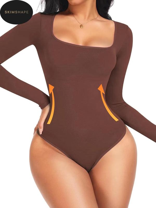 Women's Solid Square Neck Long Sleeve Shapewear Bodysuit, Fall Wear, Casual Comfy Tummy Control Butt Lift Shaper, Ladies Shapewear for Fall Womenswear Tops Basic faja  post