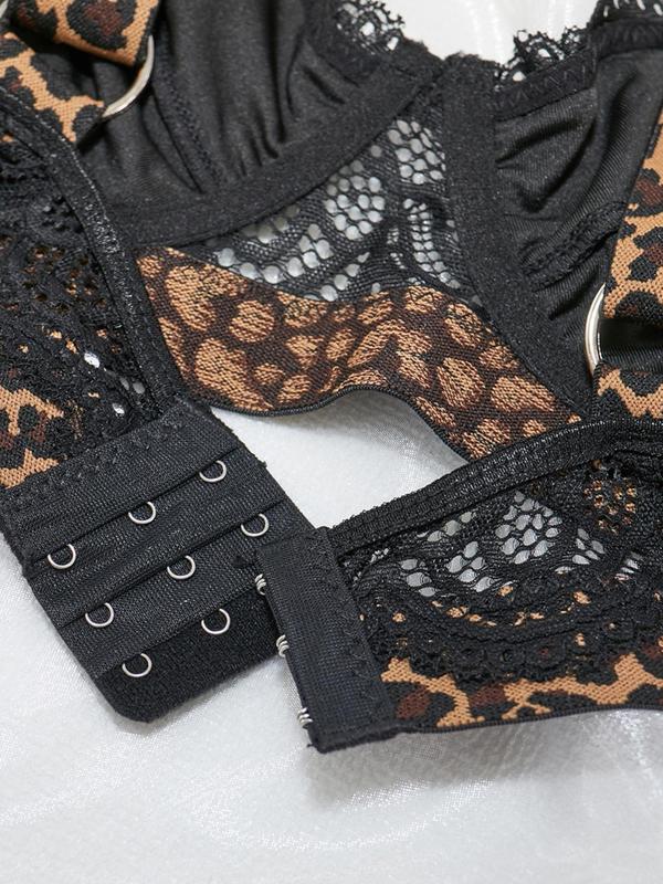 Women's Leopard Tape Contrast Lace Sexy Lingerie Set, Fashion Bow Decor Bra & Cut Out Thong Underwear Set, Lingerie Set for Women