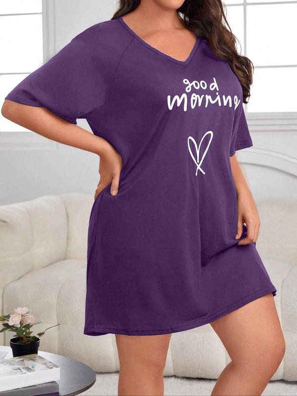  Letter & Heart Print V Neck Raglan Sleeve Tee Dress, Casual Half Sleeve Short Dress for Daily Wear, Women's Sleepwear for All Seasons
