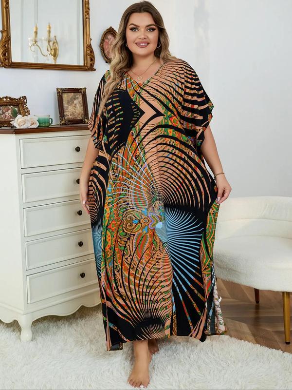  Colorful Graphic Batwing Sleeve Tunic Dress, Bohemian Muumuu Dress, Summer Outfits 2024, Casual Comfort V Neck Half Sleeve Split Long Dress for Lady, Women's Clothing for Summer