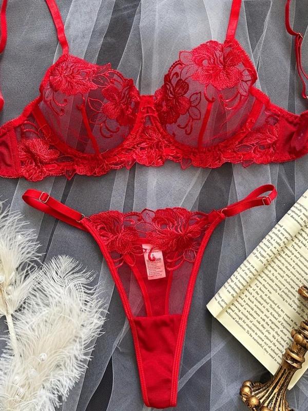 Women's Floral Embroidery Push Up Bra & Thong Sexy Lingerie Set, Sexy Comfy Breathable Underwear Set for Daily Wear, Women's Lingerie & Underwear for All Seasons