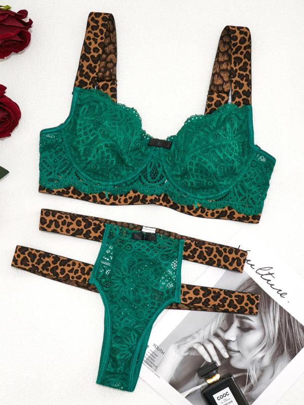 Women's Leopard Tape Contrast Lace Sexy Lingerie Set, Fashion Bow Decor Bra & Cut Out Thong Underwear Set, Lingerie Set for Women