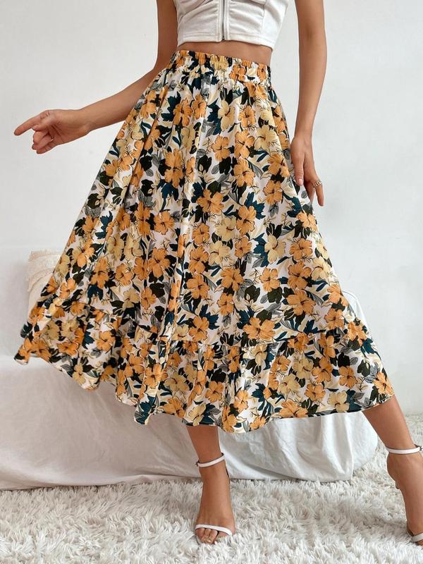 Women's Floral Print Ruffle Hem Vintage Midi Skirt, Boho Elastic Waist A Line Skirt, Summer Clothes Women, Midi Skirts Outfits, T, Skirts for Women, Ladies Bottoms for Daily Wear
