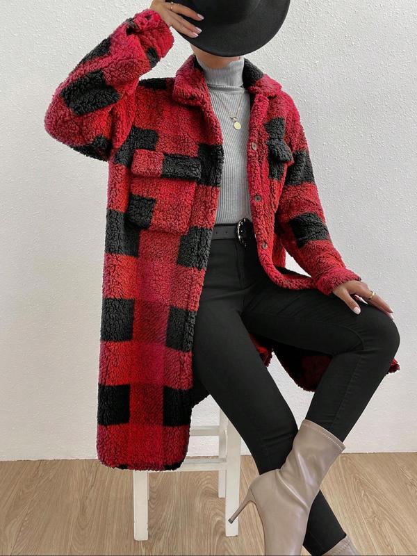 Women's Plaid Print Button Front Drop Shoulder Fuzzy Overcoat, Casual Jackets, Long Sleeve Collar Neck Pocket Outerwear for Fall & Winter, Women's Clothing for Daily Wear