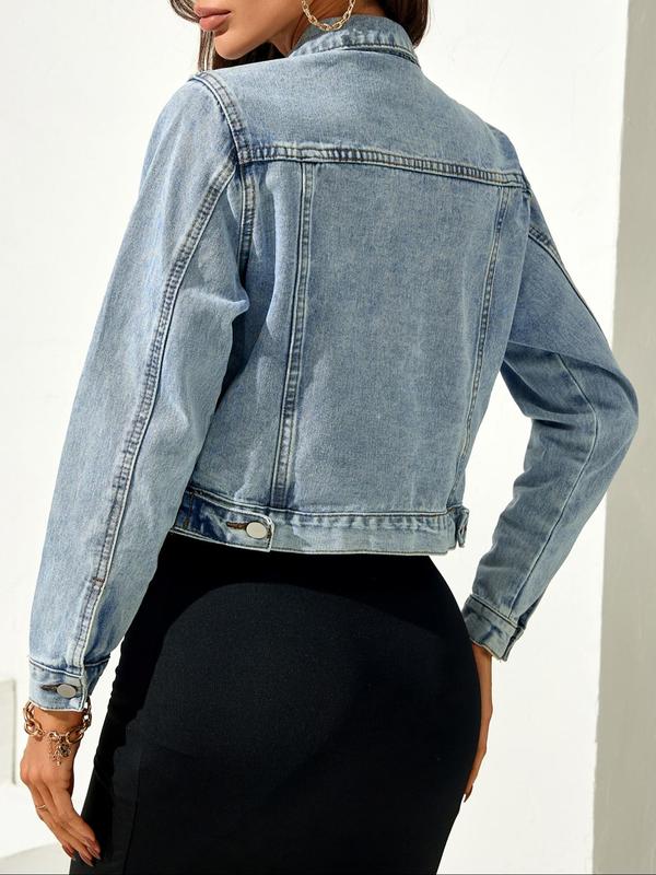 Women's Minimalist Plain Pocket Button Front Crop Denim Jacket Coats, Summer Outfits 2024, Jeans Jacket, Lady Basic Casual Comfort Long Sleeve Collared Outerwear for Daily Wear, Ladies Clothes, Womenswear