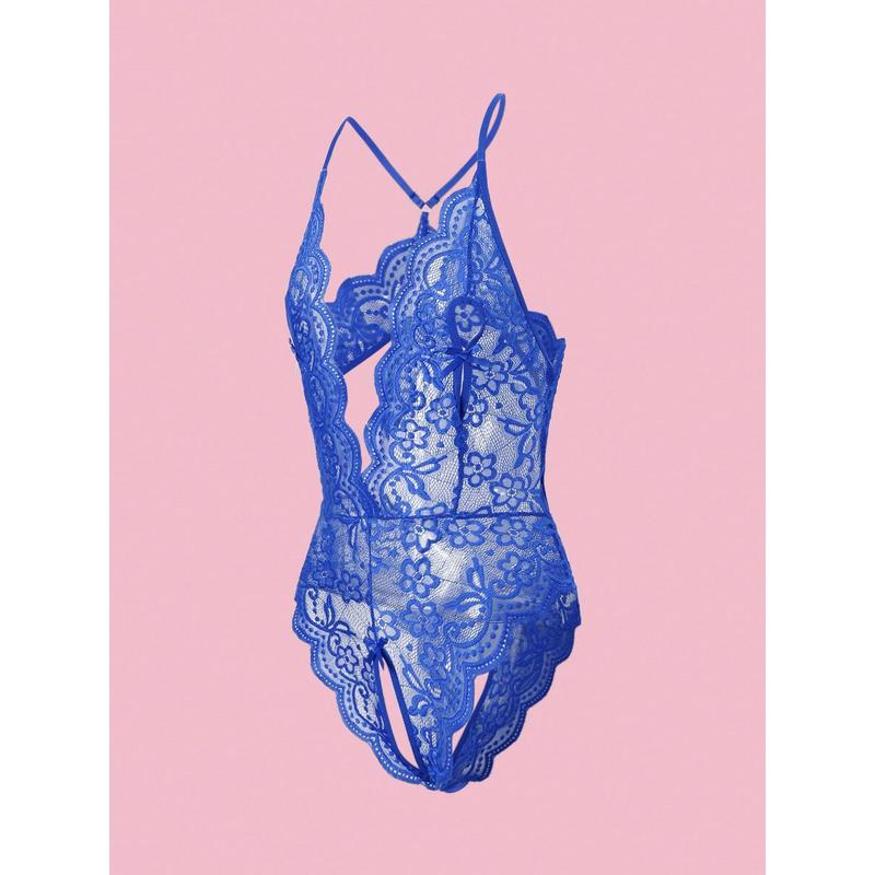 Deep V Lace Backless Bodysuit, Crotchless Open Bra Erotic Lingerie & Underpants, Women's Sexy Clothing