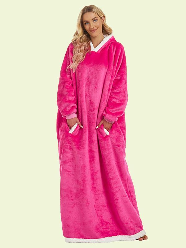 Women's Contrast Binding Pocket Hooded Lounge Robe, Casual Long Sleeve Raglan Sleeve Warm Lounge Robe, Women's Sleepwear for Fall & Winter