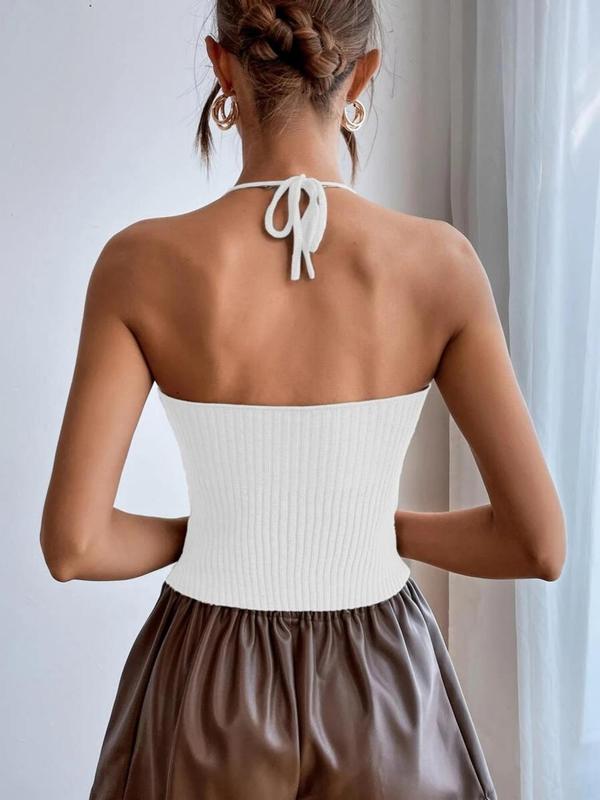 Women's Basic Backless Sleeveless Halter Neck Sweater Vest, Lady Casual Basic Simple Tie Back Knit Cami Top for Women, Knitting Camisole for Summer, Womenswear