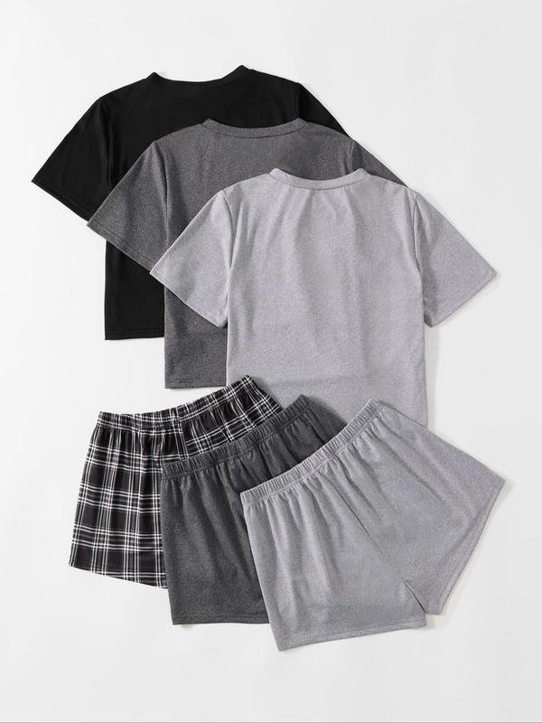6 Counts Women's Pyjama Set, Letter Print Tee & 3 Counts Elastic Waist Shorts PJ Set, Back To School Wear, Summer Clothes, Casual Soft Comfortable Round Neck Short Sleeve T-shirt & Tie Front Shorts Lounge Set, Summer Sleepwear Set for Women