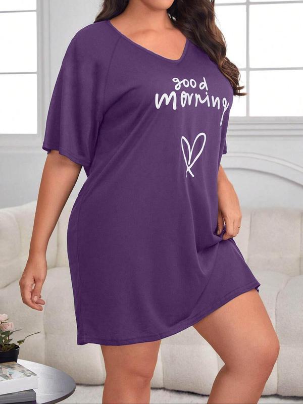  Letter & Heart Print V Neck Raglan Sleeve Tee Dress, Casual Half Sleeve Short Dress for Daily Wear, Women's Sleepwear for All Seasons