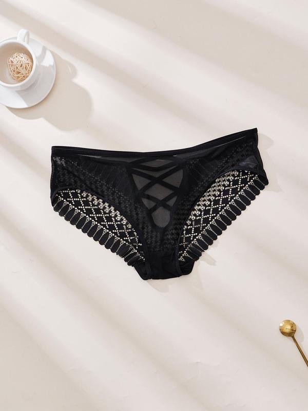  Floral Detail Contrast Mesh Lace Up Panty, Panties for Women, Solid Color Sheer Knicker for All Seasons, Comfy Breathable Underwear for Women, Sexy Womenswear, Women Nightwear