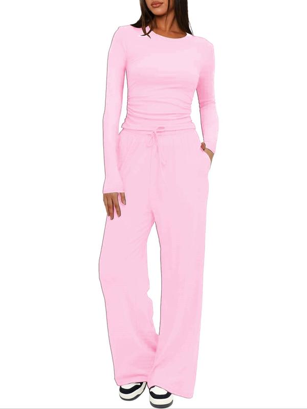 Women's Solid Long Sleeve Tee & Drawstring Waist Wide Leg Pants Loungewear Two-Piece Set, Casual Comfy Round Neck Top & Trousers PJ Set, Ladies Sleepwear for All Seasons