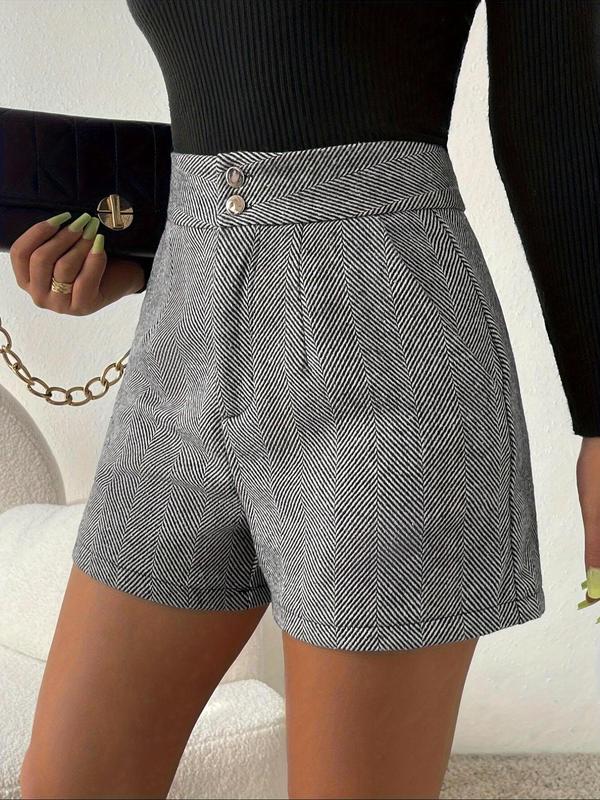 Women's Striped Print High Waist Shorts, Elegant Double Button Pocket Shorts for Daily Wear, Ladies Bottoms for All Seasons