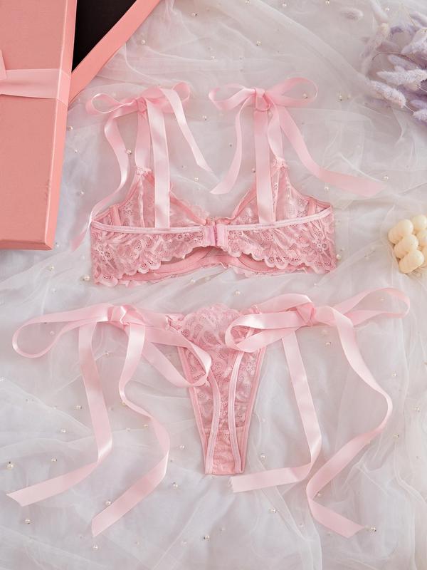 Women's Solid Lace Bra & Panty Two-Piece Set, Sexy Comfy Breathable Bra & Panty Set, Lingerie Set for Women