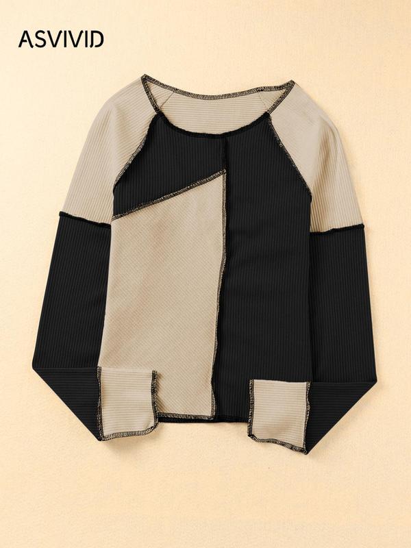 Women's Patchwork Seam Detail Raglan Sleeve Tee, Fall Outfits, Casual Long Sleeve Round Neck T-shirt for Fall, Fashion Women's Fall Top for Daily Wear