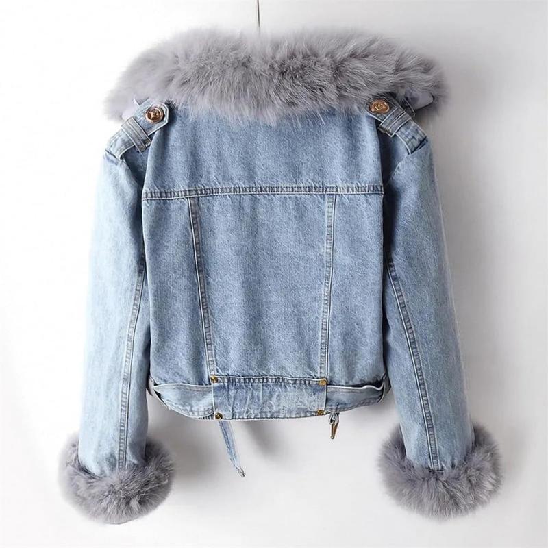 Women Denim Jacket with Fur Warm Fur Collar Rabbit Fur Lined Denim Jacket Thicken Shaggy Winter Removable Cropped Top