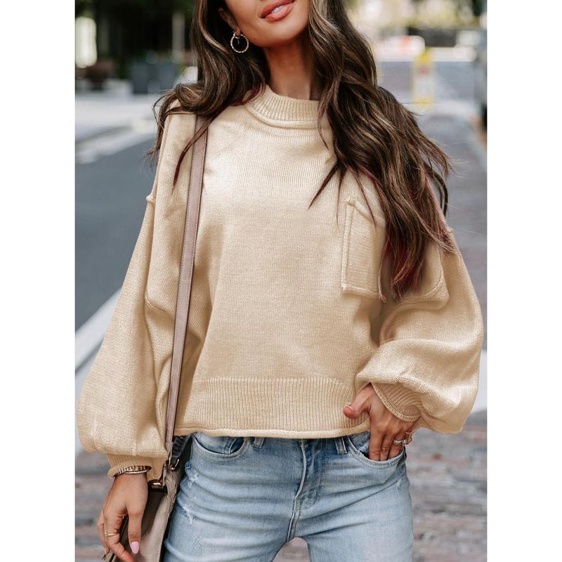 Dokotoo Women's Lantern Sweater 2024 Fall Winter Long Sleeve Casual Tops Ribbed Hem Knitwear Pullover
