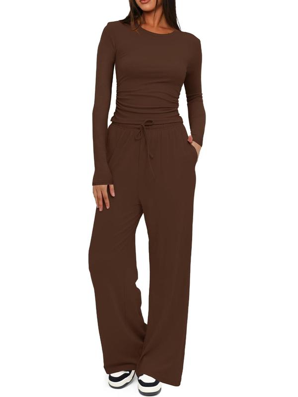 Women's Solid Long Sleeve Tee & Drawstring Waist Wide Leg Pants Loungewear Two-Piece Set, Casual Comfy Round Neck Top & Trousers PJ Set, Ladies Sleepwear for All Seasons