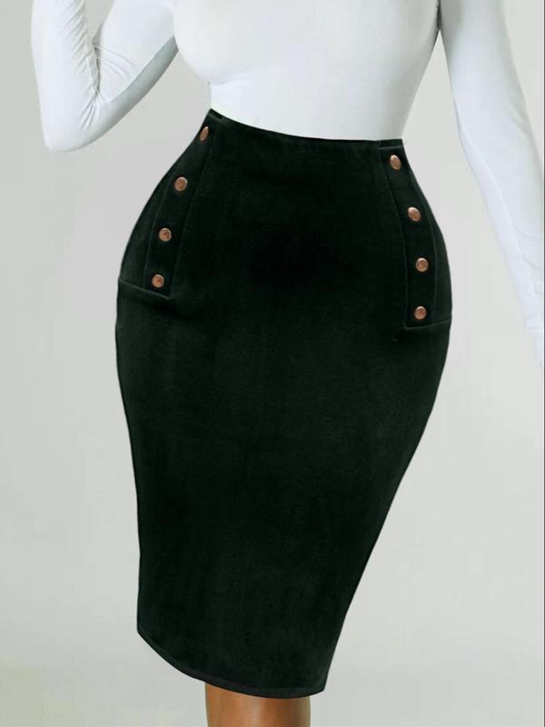 Women's Solid Fake Buttons Pencil Skirt, Elegant Fashion Casual Knee Length Skirt for Daily Outdoor Wear, Women Clothing for Fall & Winter