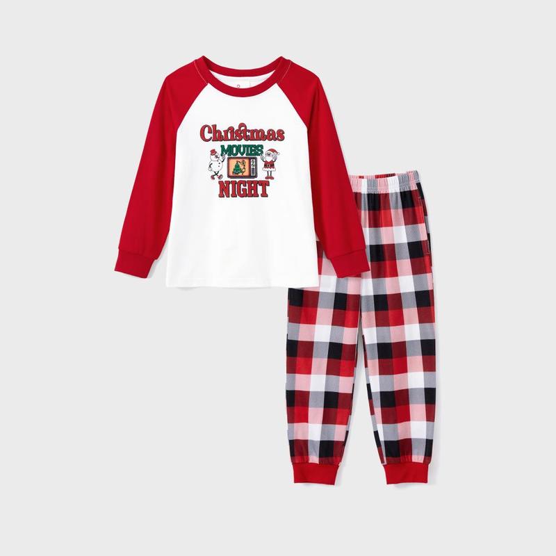 PatPat Christmas Movie Night Red Plaid Pajamas Raglan Sleeves Santa and Snowman Pattern