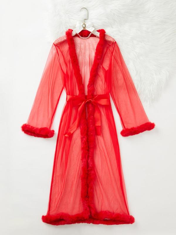 Women's Solid Color Contrast Faux Fur Trim Belted Sheer Tulle Bathrobe, Casual Long Sleeve Sleep Robe, Ladies Sleepwear for All Seasons