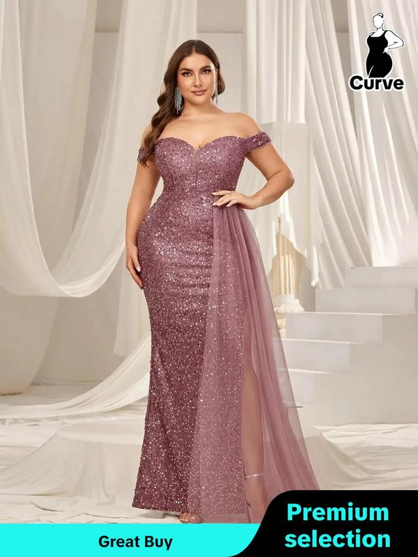  Glitter Sequin Off The Shoulder Evening Dress, Elegant Contrast Mesh Split Thigh Backless Dress, Women's Clothes for Banquet Wedding Guest, Plus Size Women's Clothing