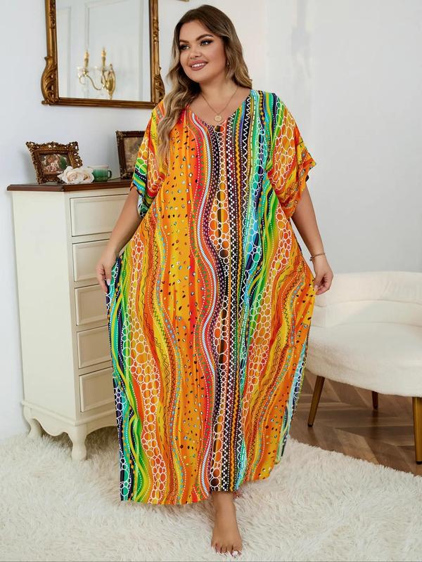  Colorful Graphic Batwing Sleeve Tunic Dress, Bohemian Muumuu Dress, Summer Outfits 2024, Casual Comfort V Neck Half Sleeve Split Long Dress for Lady, Women's Clothing for Summer