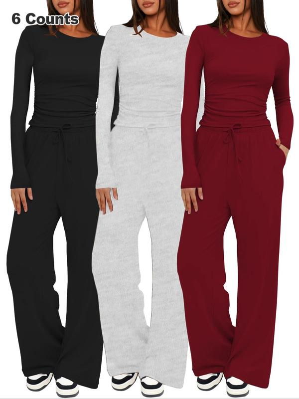 Women's Solid Long Sleeve Tee & Drawstring Waist Wide Leg Pants Loungewear Two-Piece Set, Casual Comfy Round Neck Top & Trousers PJ Set, Ladies Sleepwear for All Seasons