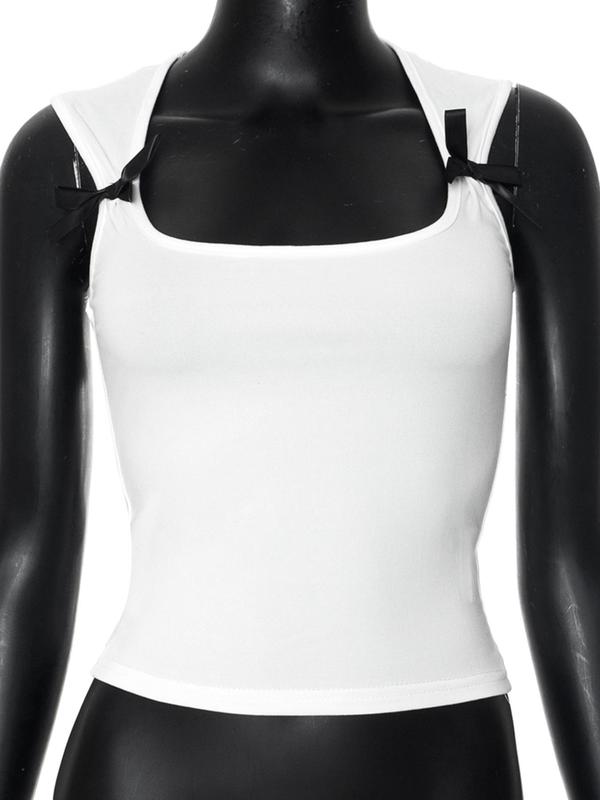 Women's Bow Decor Square Neck Crop Tank Top, Y2K Fashion Sleeveless Cropped Top for Summer, Fashion Women's Top for Daily Wear, 90s Clothes
