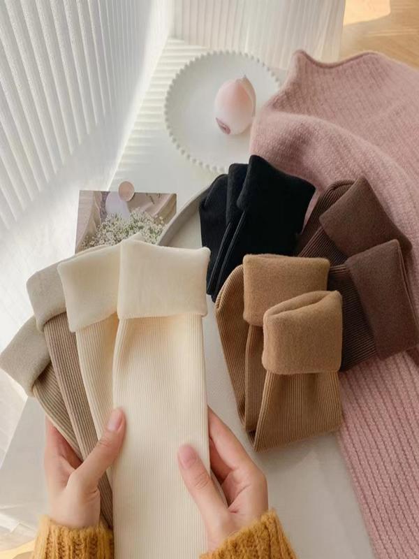 Women's 5 Pairs Solid Thermal Lined Crew Socks, Casual Comfort Cozy Warm Socks for Fall & Winter, Multipack Plain Socks for Daily Wear
