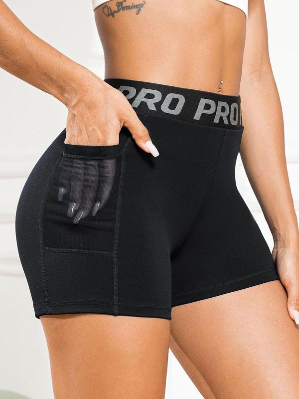 Women's Letter Tape Pocket Contrast Mesh Shorts, Casual Comfy Breathable High Stretch Quick Drying Shorts for Summer, Ladies Bottoms for Daily Wear