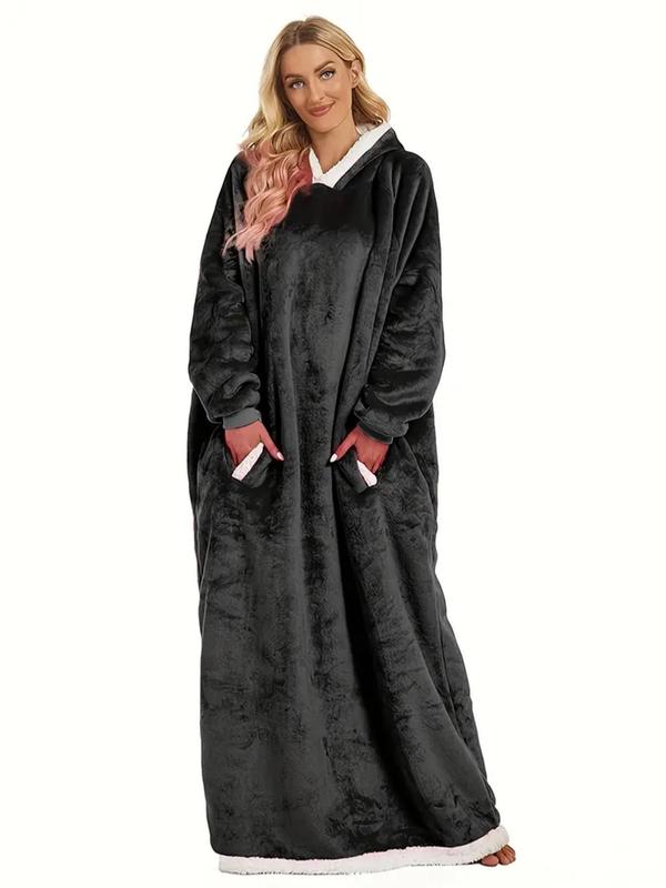 Women's Contrast Binding Pocket Hooded Lounge Robe, Casual Long Sleeve Raglan Sleeve Warm Lounge Robe, Women's Sleepwear for Fall & Winter