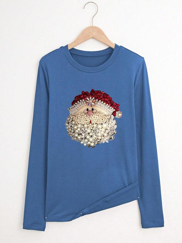 Women's Christmas Cartoon Santa Claus Print Round Neck Sweatshirt, Fashion Casual Long Sleeve Pullover for Daily Wear, Ladies Fall & Winter Clothes