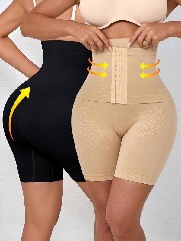 Women's Solid High Waist Leg Shaping Shorts, Tummy Control Butt Lifting Adjusable Hook & Eye Closure Shaper, High Stretch Shapewear for Daily Wear