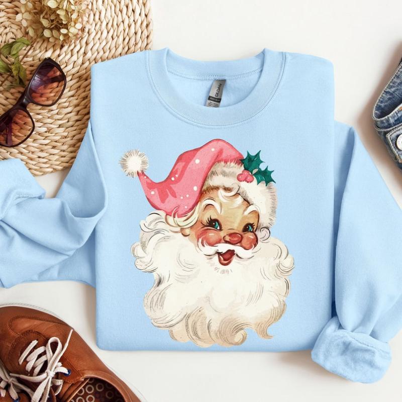 Pink Santa Retro Christmas T-Shirts Sweatshirts for Women Pink Christmas Matching Family Sweaters Pink Vintage Holiday Crewneck Group Party