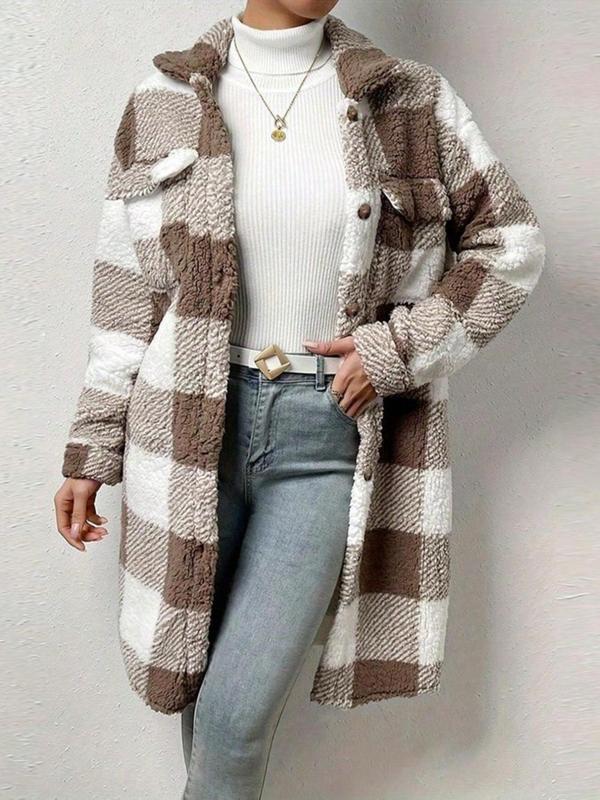 Women's Plaid Print Button Front Drop Shoulder Fuzzy Overcoat, Casual Jackets, Long Sleeve Collar Neck Pocket Outerwear for Fall & Winter, Women's Clothing for Daily Wear